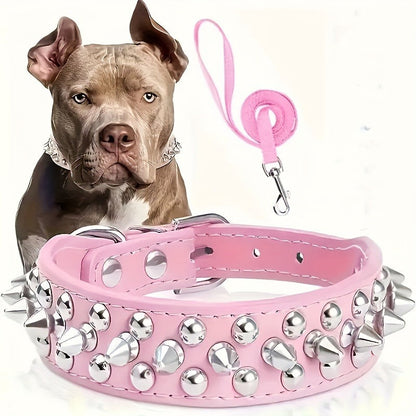 Rivet-Studded Dog Collar and Matching Leash Set with Metal Buckle, Five Colors and XS–XXL Sizing