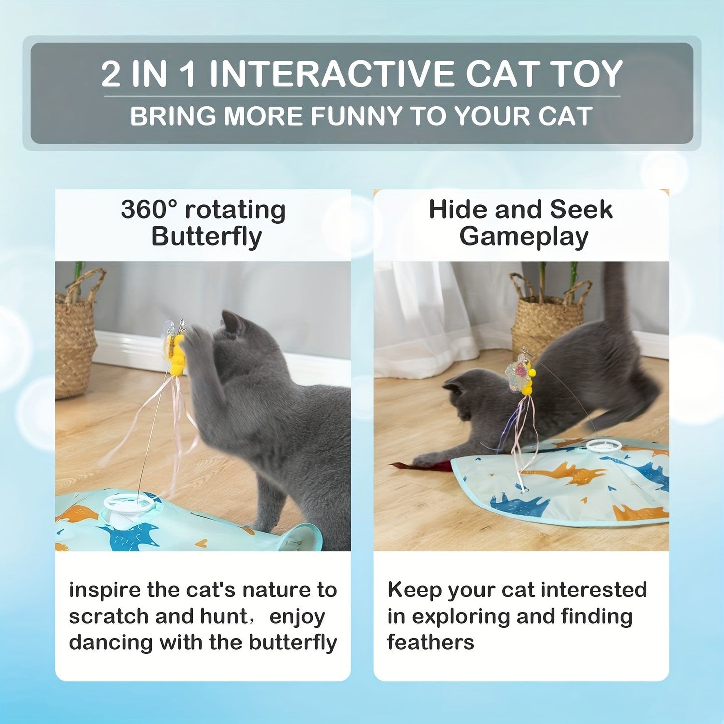 Interactive Cat Toy Electric Motion Activated 2-in-1 Rotating Butterfly & Feather Wand – USB Rechargeable 1200mAh Auto Shut-Off 3 Speed