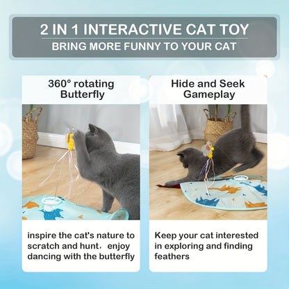 Interactive Cat Toy Electric Motion Activated 2-in-1 Rotating Butterfly & Feather Wand – USB Rechargeable 1200mAh Auto Shut-Off 3 Speed