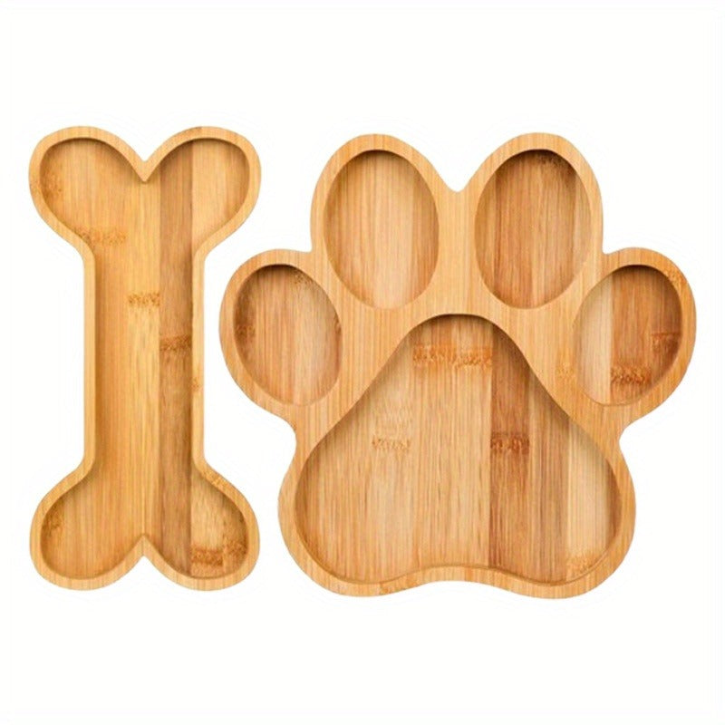 Bamboo Pet Food Bowl Set – Paw & Bone Shaped Wooden Serving Tray with 5-Compartment Snack Platter, Natural Charcuterie Board for Dogs