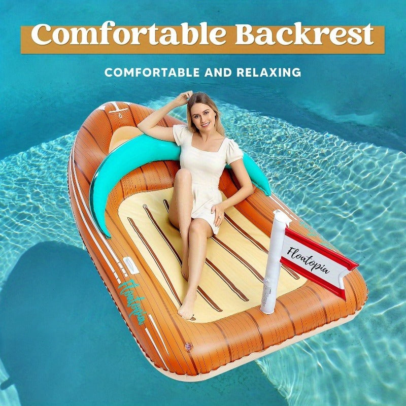 Pool Float Boat-Shaped Two-Person Raft, Over Eight Feet with Built-In Cooler, Two Handles and Tow Point
