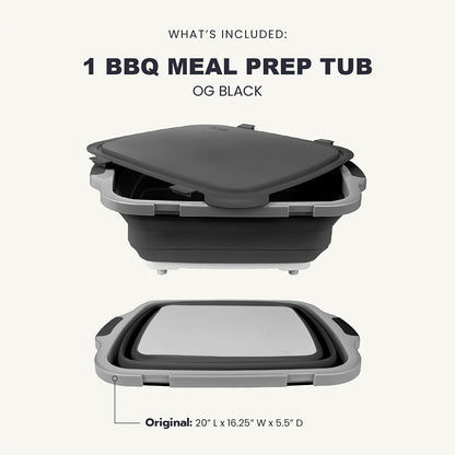 Collapsible Three-in-One BBQ Prep Tub with Cutting Board, Washing Basket, Drain Plug and Locking Lid in Black