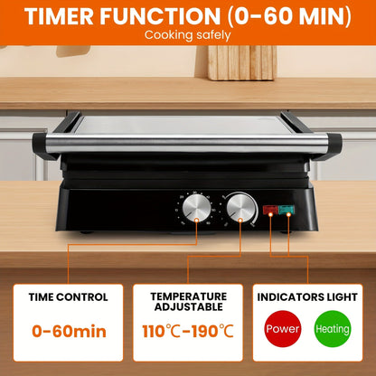 Sandwich Maker 3-in-1 Mini Indoor Grill & Panini Press, Non-Stick 180° Opening, Floating Hinge, 60-Min Timer
