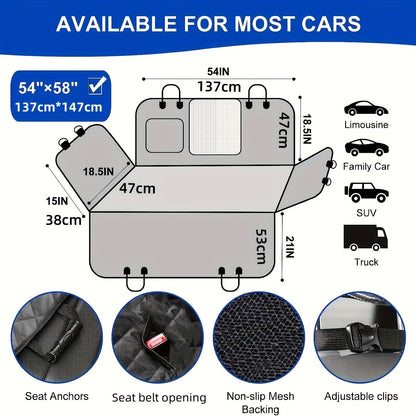 Gray Black Quilted Dog Car Back Seat Hammock with Mesh Window, Storage Pockets and 54 x 58 Inch Fit