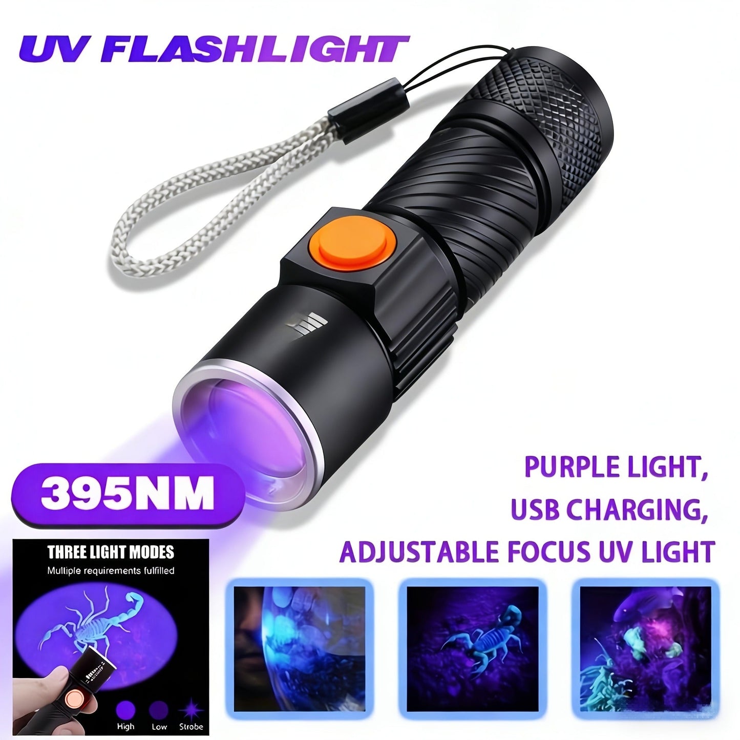 UV Flashlight Black Light 395nm USB Rechargeable - Ultraviolet Torch with 3 Modes for Pet Stain Detection