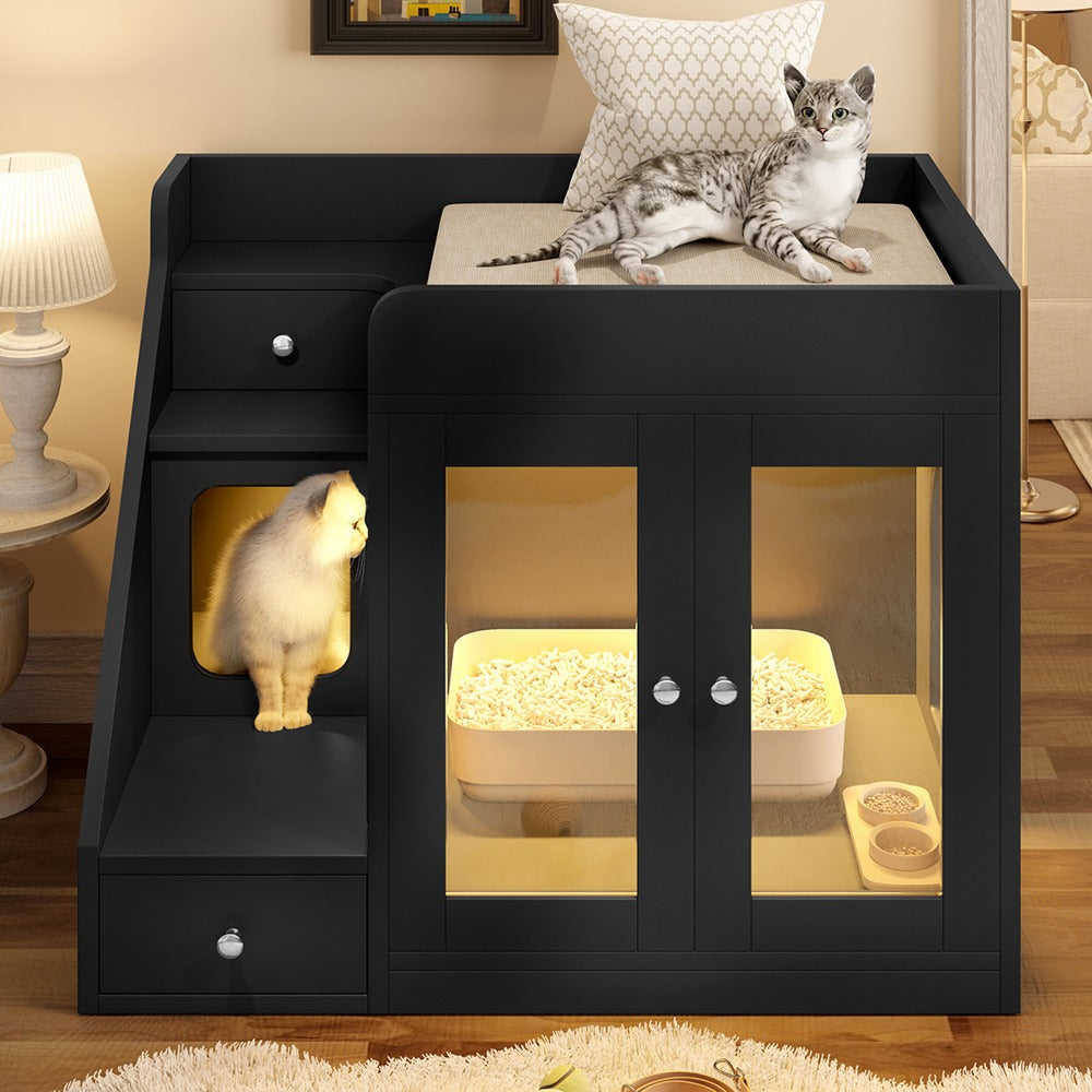 Cat Litter Box Enclosure Furniture Hidden Cabinet with LED Light & 2 Drawers – MDF Indoor Cat House Side Table with Acrylic Door