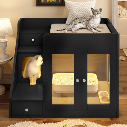 Cat Litter Box Enclosure Furniture Hidden Cabinet with LED Light & 2 Drawers – MDF Indoor Cat House Side Table with Acrylic Door