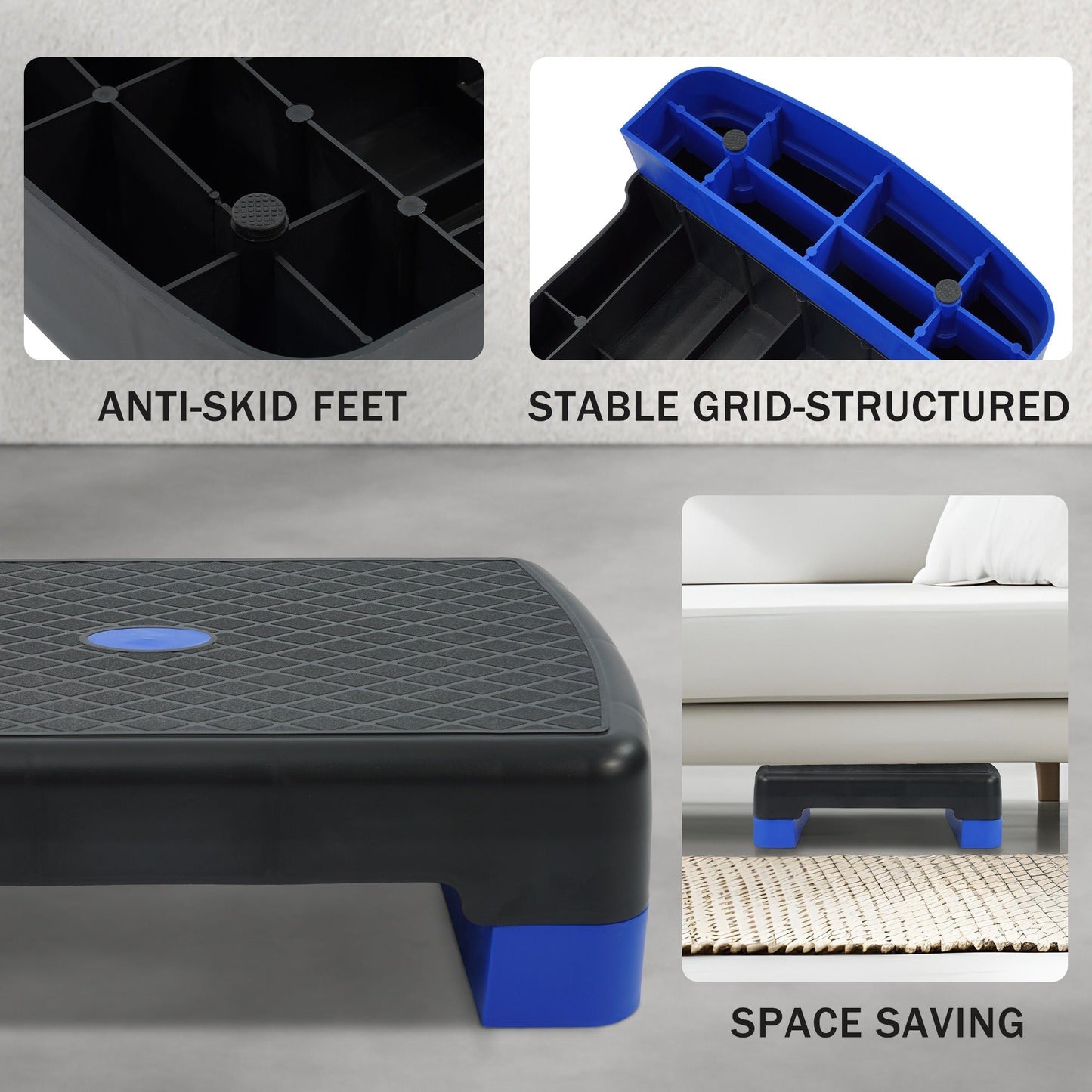 Aerobic Step Platform Adjustable Height with 2 Risers – Non-Slip Workout Stepper 18"x11", 440 LB Capacity