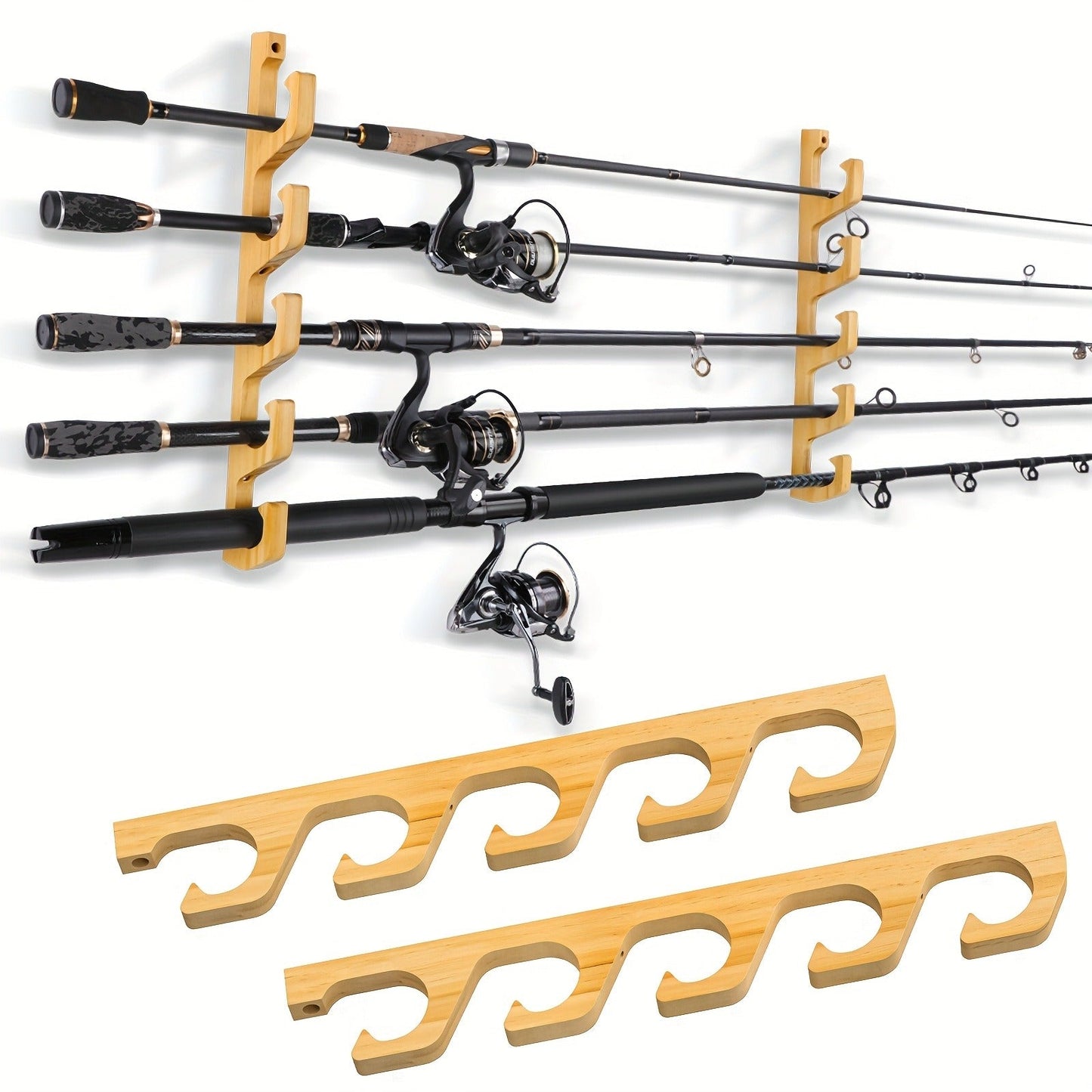 Wall-Mounted Wooden Fishing Rod Rack – 5-Hole Horizontal Rod Holder for Garage, Ceiling & Wall | Solid Wood Fishing Pole Storage Bracket