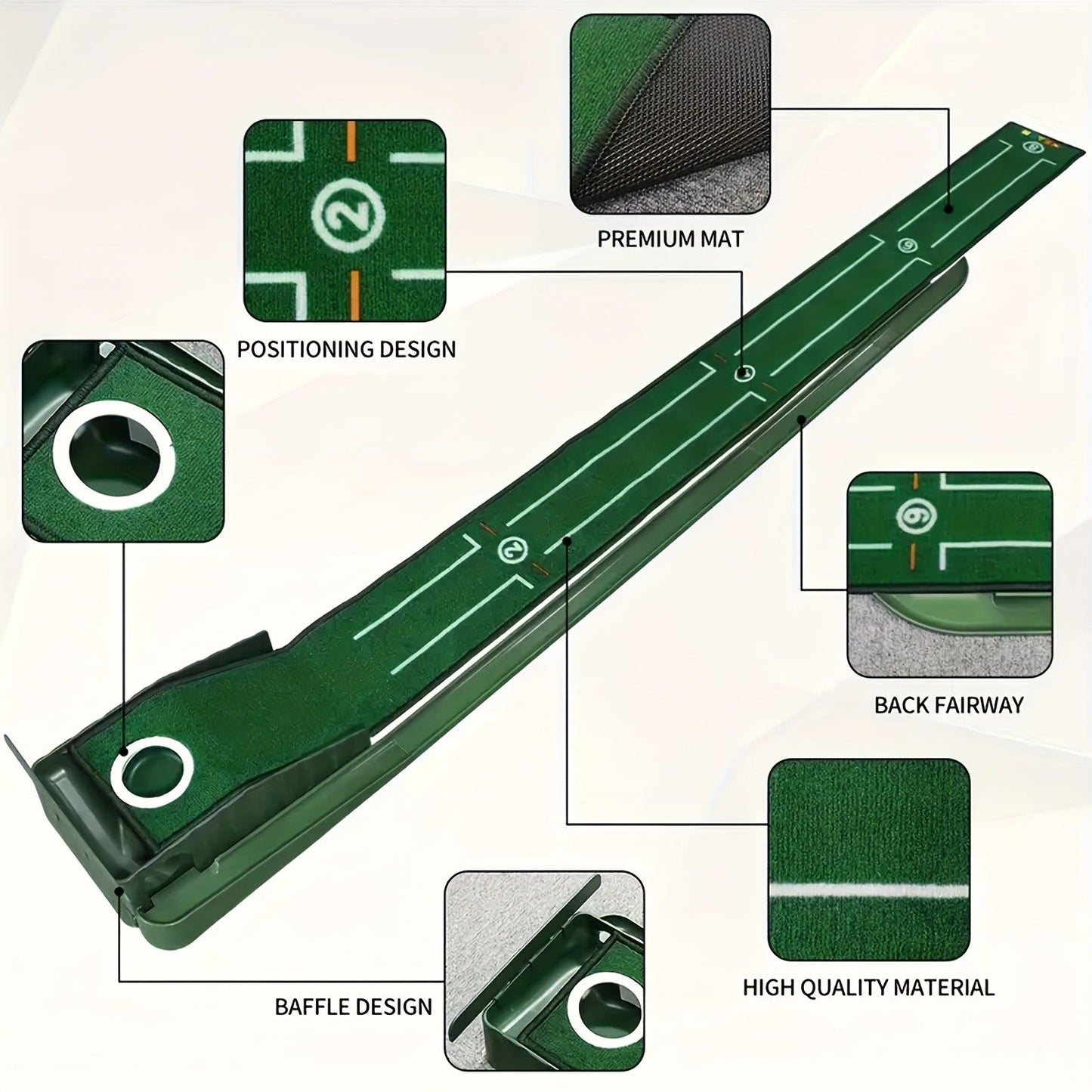 Indoor Golf Putting Mat with Gravity Ball Return, Alignment Guides, Folding Base and Post-Hole Collector