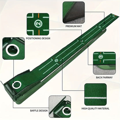 Indoor Golf Putting Mat with Gravity Ball Return, Alignment Guides, Folding Base and Post-Hole Collector