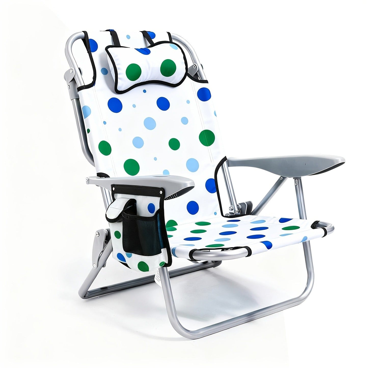 Folding Beach Chair Lay Flat Camping Chair for Adults 4 Position Adjustable Backpack Chair with Cup Holder Towel Bar Cooler Pouch