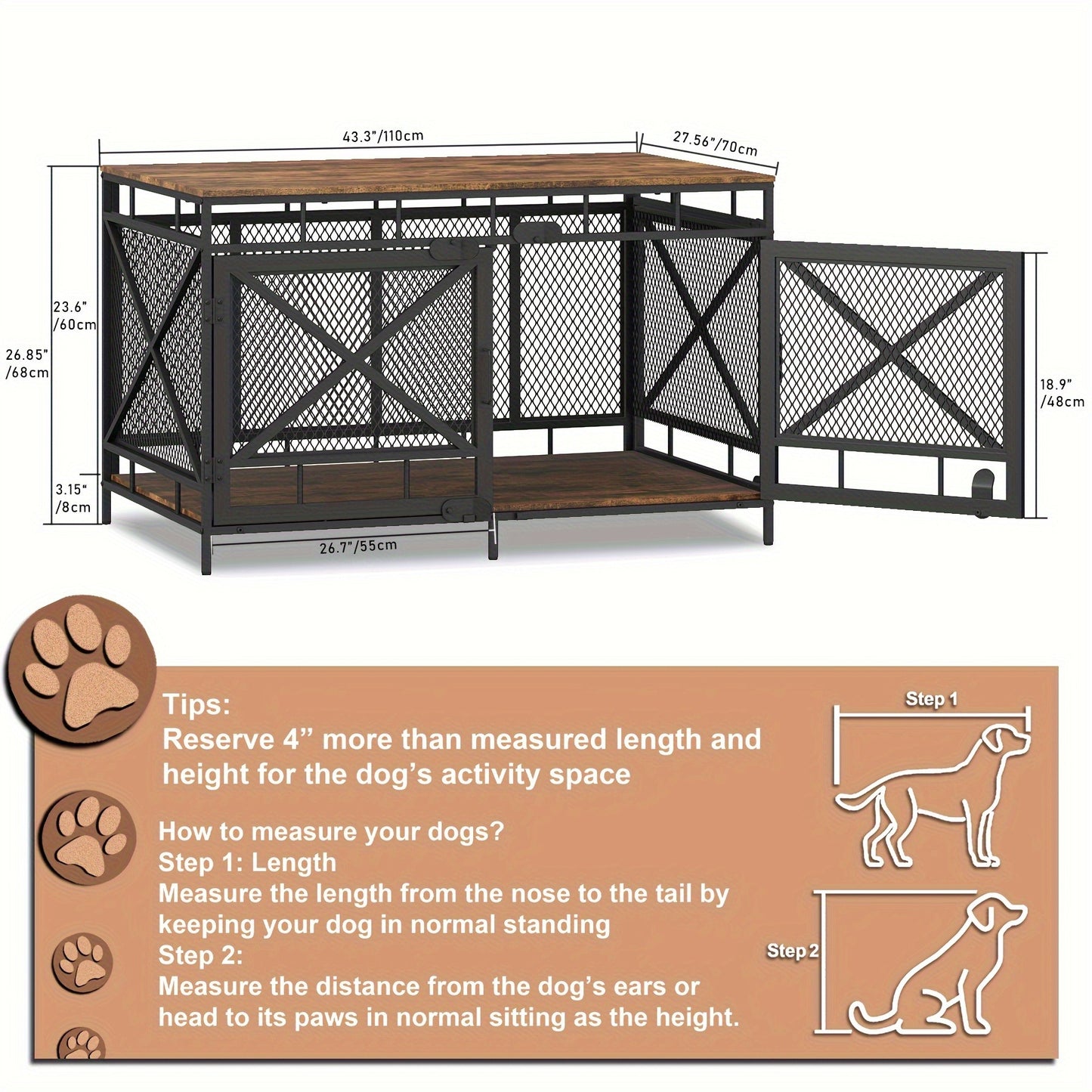 Dog Crate Furniture 43 Inch Corner Indoor Kennel, Heavy Duty Engineered Wood Dog Cage with Side Door for Large Medium Breeds