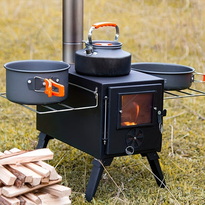Portable Wood Stove with Chimney Pipe Set, Folding Legs, Side Shelves and Silver or Black Finish Options