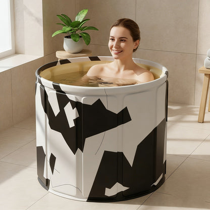 Round Foldable Adult Soaking Tub in Black-and-White Geometric Pattern with Freestanding Support Frame and Drain