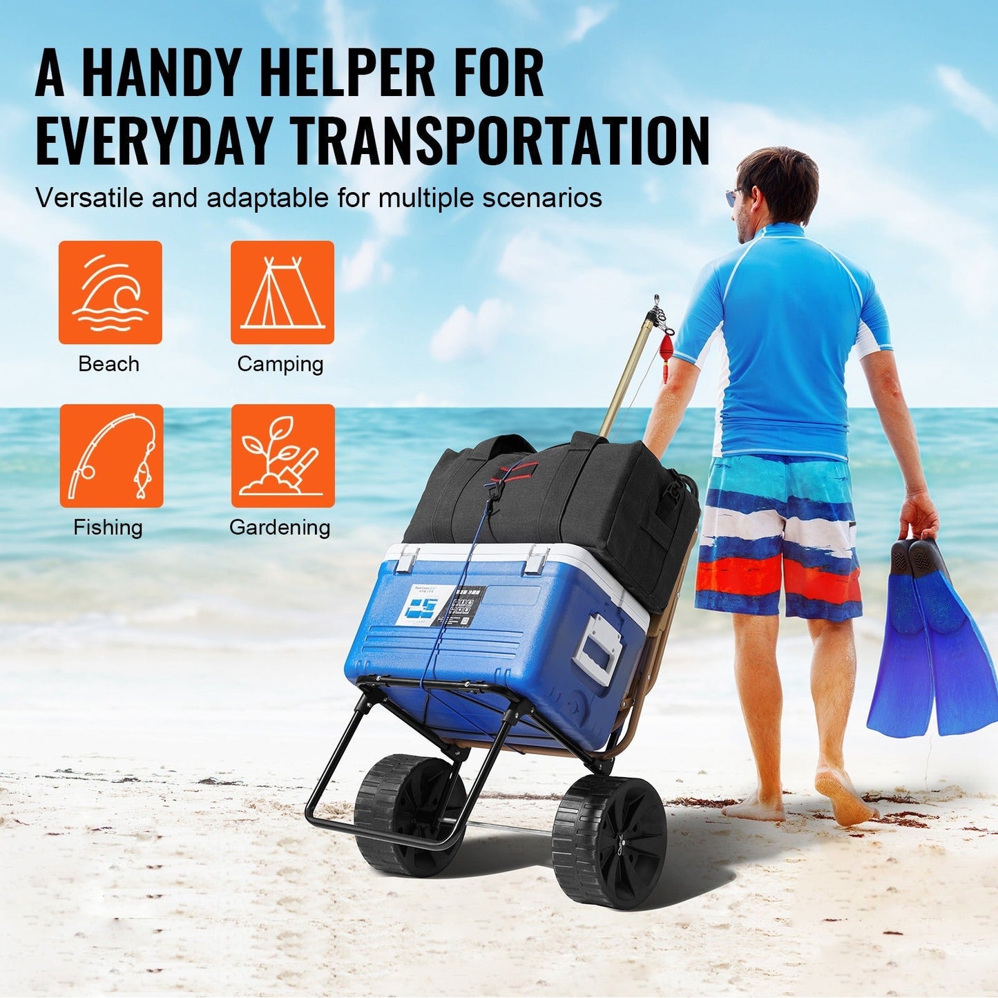 Folding Beach Cart with Balloon Wheels, Sand Dolly for Camping Fishing Picnic Garden, for Garden, Patio and Yard Use