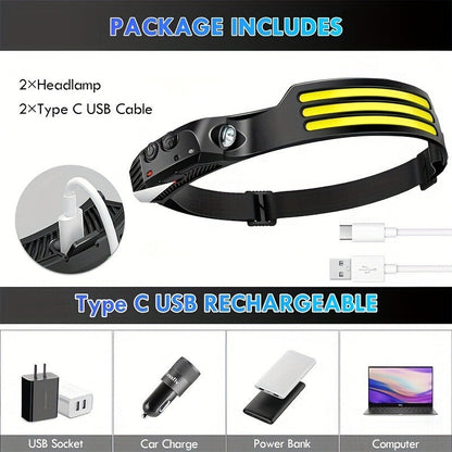 Two-Pack Rechargeable COB Headlamps with 230° Beam, Motion Sensor and Three Light Configurations