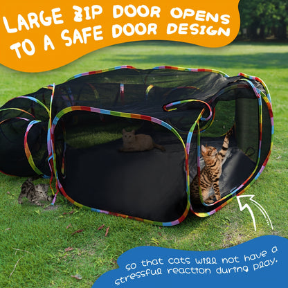 Outdoor Cat Enclosure with Play Tunnel – Portable Catio Tent & Cat Playpen for Indoor Cats, Cage-Free Outside Cat Run with Enclosed Tunnel