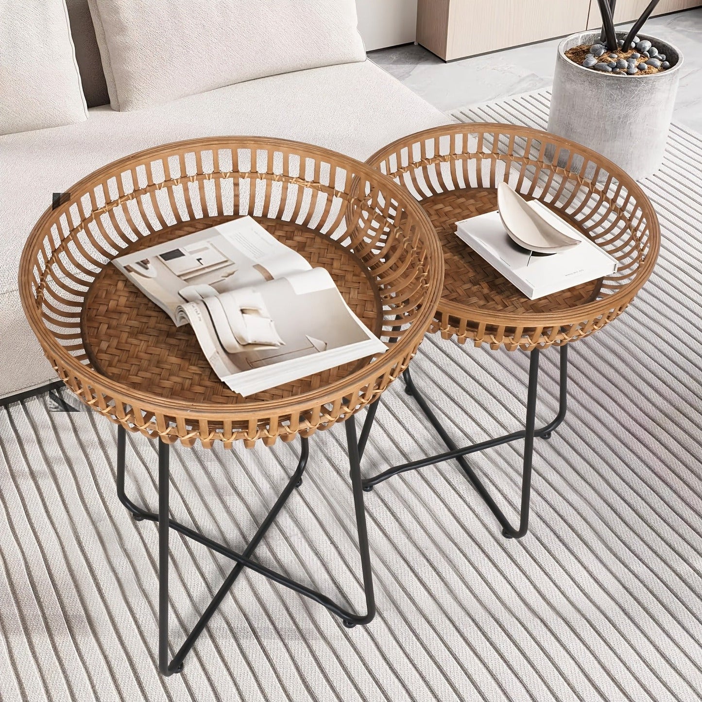 Side Table Rattan Collection with Bamboo-Woven Tops, Metal Bases and 18- or 20.4-Inch Options