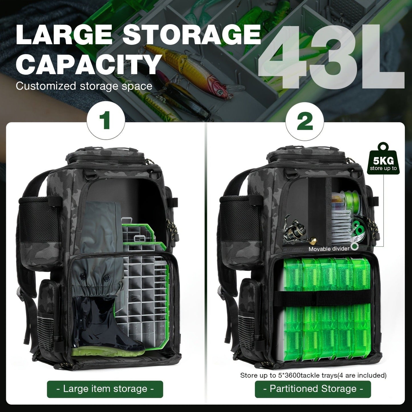 Large Fishing Tackle Bag with 4 Tackle Boxes – 43L Backpack with Rod Holder, Detachable Waist Pack & Gear Storage for Men Women | Black