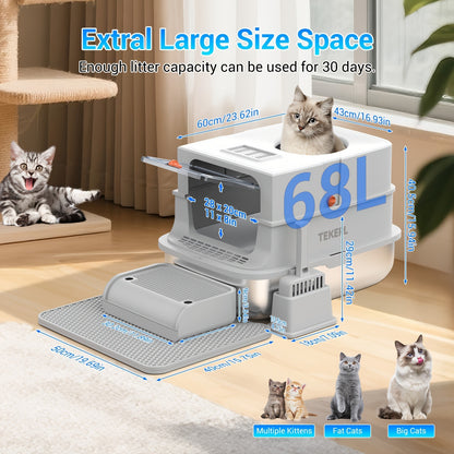 Stainless Steel Cat Litter Box with Lid – Extra Large 68L Enclosed & Semi-Open Modular System, 304 Steel Non-Stick Easy Clean