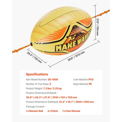 Inflatable Booster Ball for Towable Tubes 680lbs Tensile Strength 0.75mm Thickened PVC with PE Tow Rope for Boating Water Sports Sea Lake
