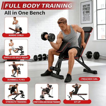 Foldable Adjustable Workout Bench with Black-and-Red Padding, Preacher Curl Pad, Leg Rollers and Resistance Bands