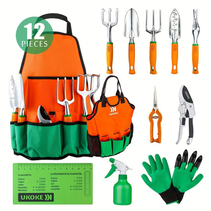 12-Piece Garden Tool Set with Aluminum Hand Tools, Canvas Apron and Storage Pockets for Home Gardening and Outdoor Plant Care