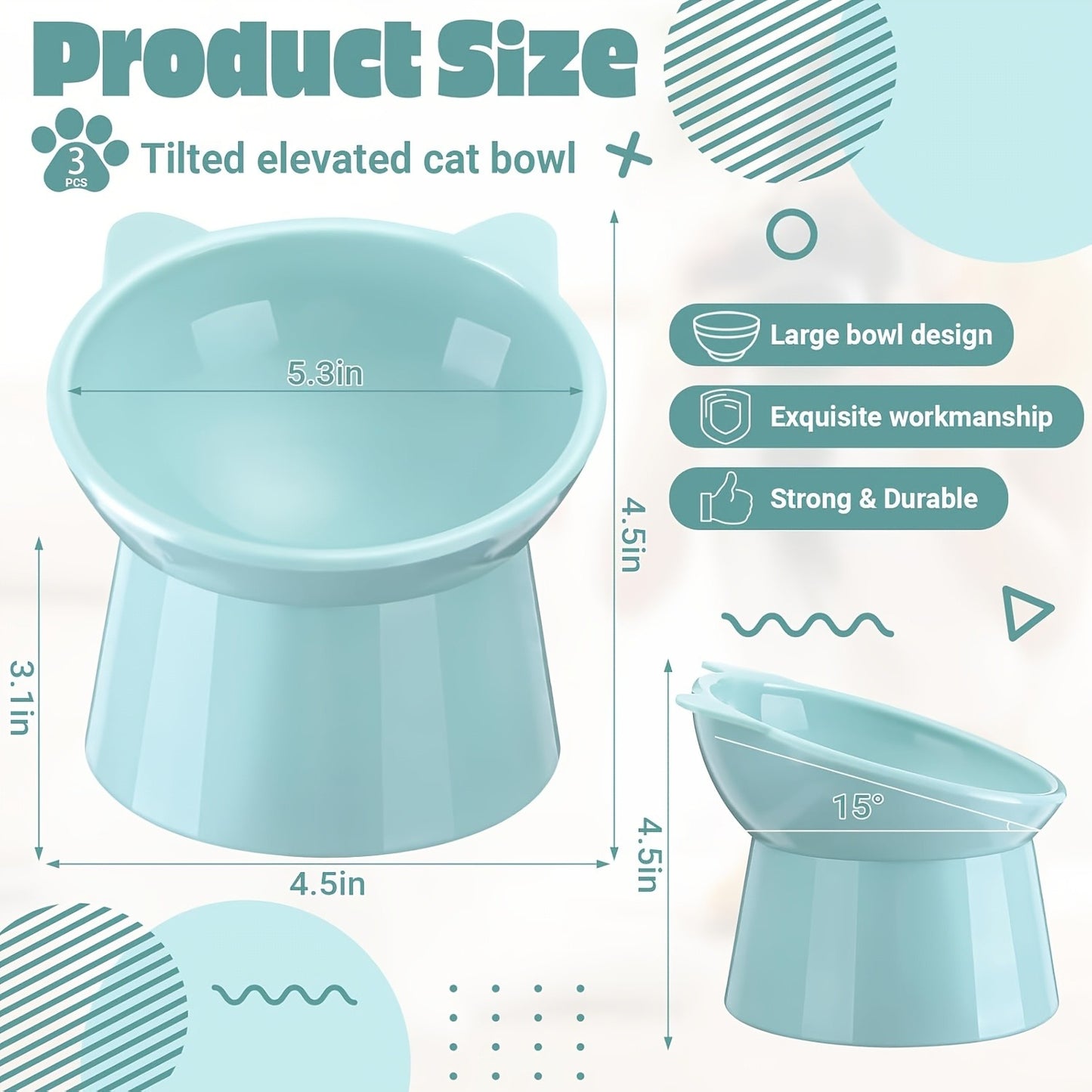 Cat Ear Shaped Raised Cat Bowls Set of 3 – Elevated Feeder Anti-Slip Base Neck Comfort Design, Pink Green Blue Feeding Dish for Cats