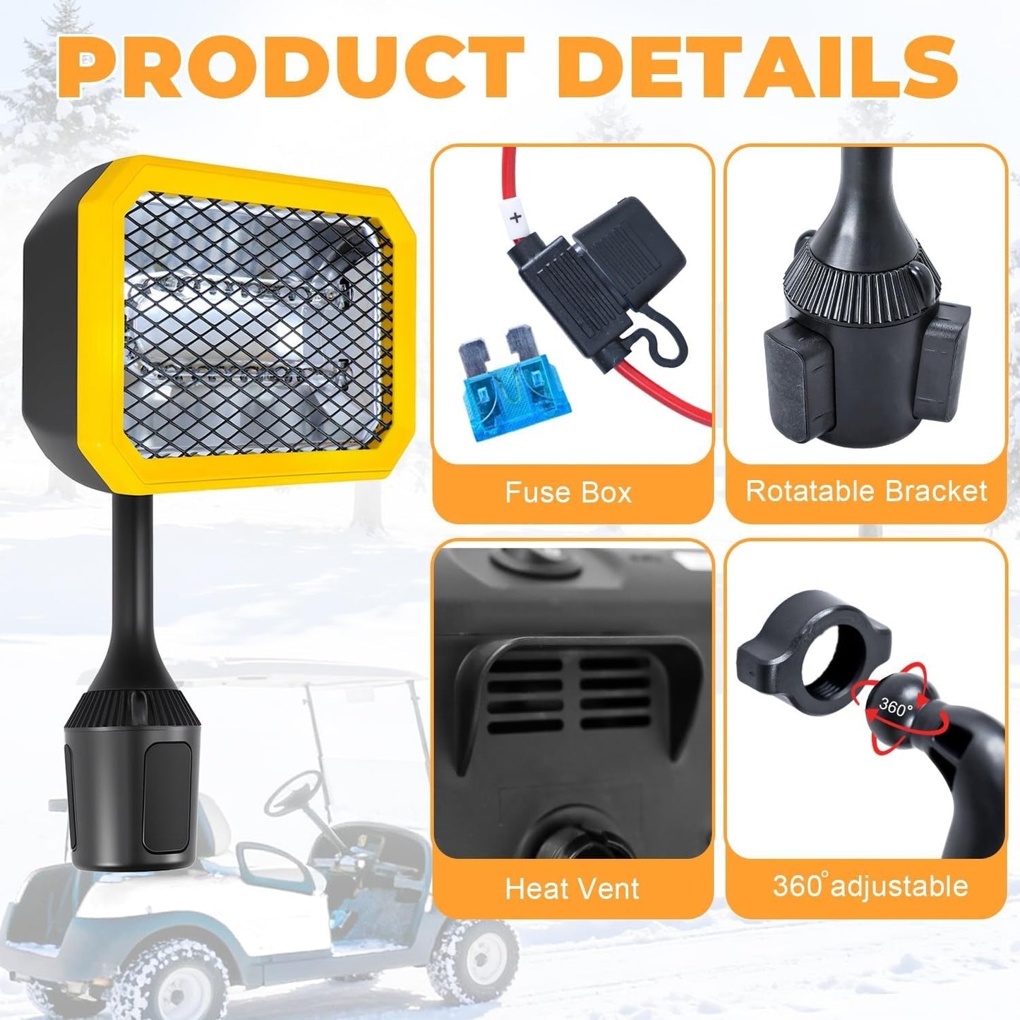 400W Electric Golf Cart Heater Carbon Fiber Fast Heating 360° Adjustable Angle Battery Powered Portable Heater with Cup Holder Adapter