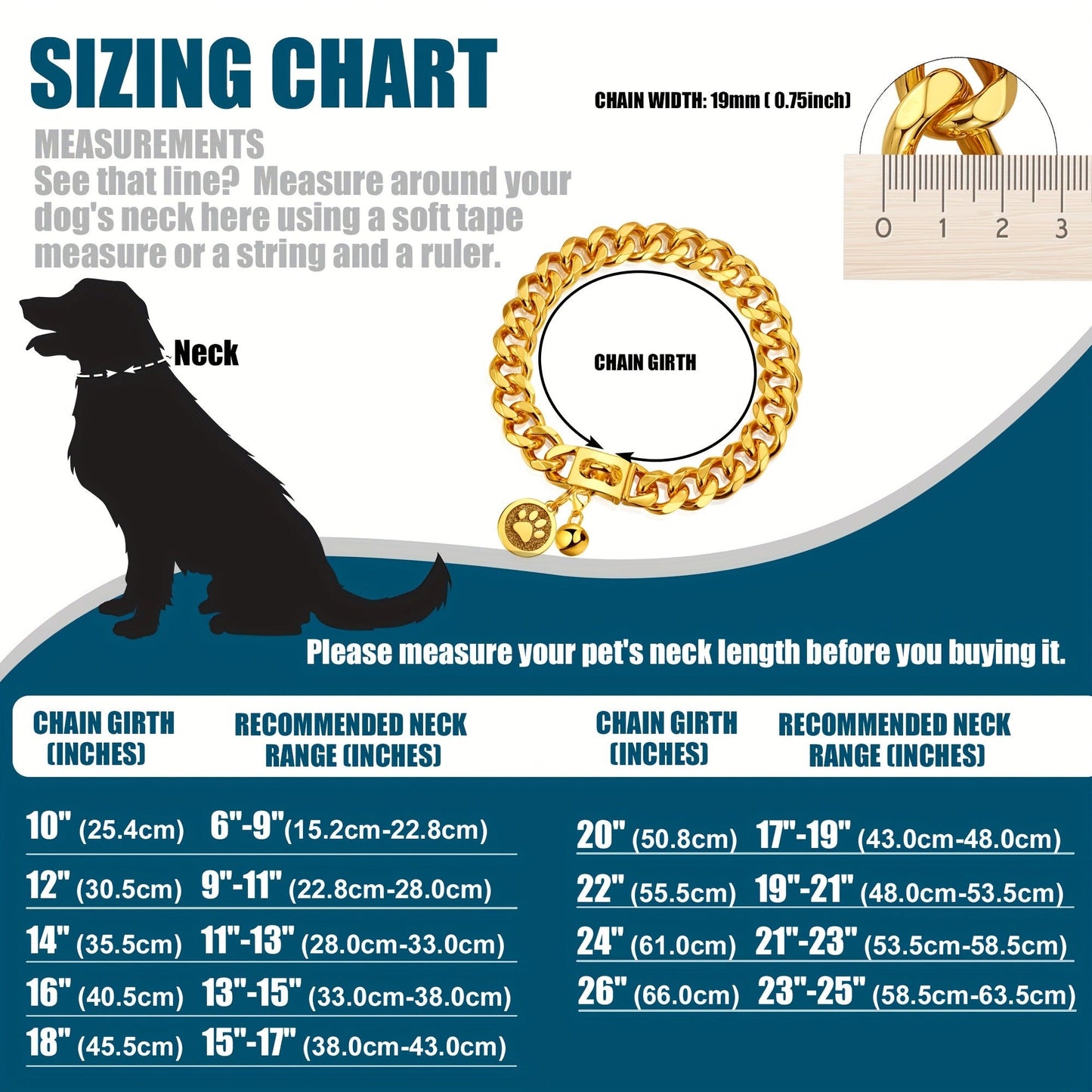 Gold-Color Cuban Link Dog Chain Collar with Paw and Bell Charms in Six Lengths from 16 to 26 Inches