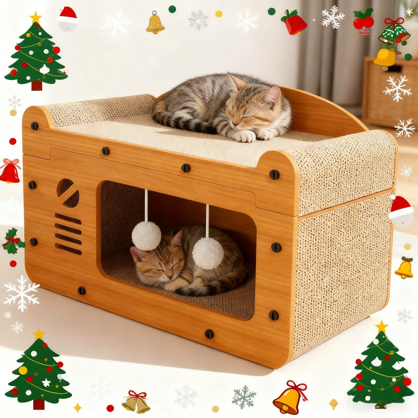 Large Cat House with Scratcher Pad & Plush Ball Toys, Ventilated Multi-Functional Indoor Outdoor Cat Shelter