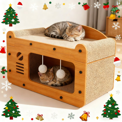 Large Cat House with Scratcher Pad & Plush Ball Toys, Ventilated Multi-Functional Indoor Outdoor Cat Shelter
