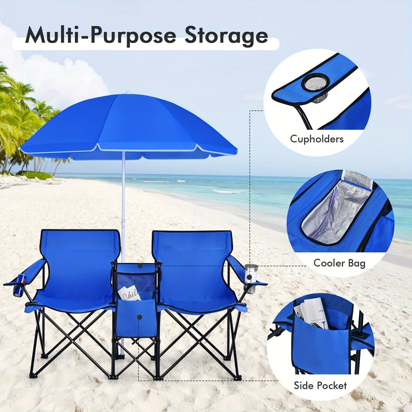 Folding Picnic Chair Set for 2, Umbrella, Cooler Bag & Table, 600 Lbs Capacity, Portable, for Camping, Travel and Outdoor Use