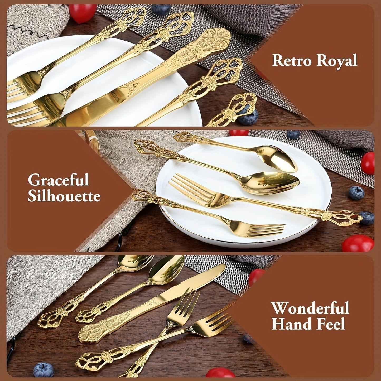 Stainless Steel Flatware Set – Vintage Royal Golden & Silver Silverware Set for 6, Rust-Resistant Dishwasher Safe Cutlery with Forks