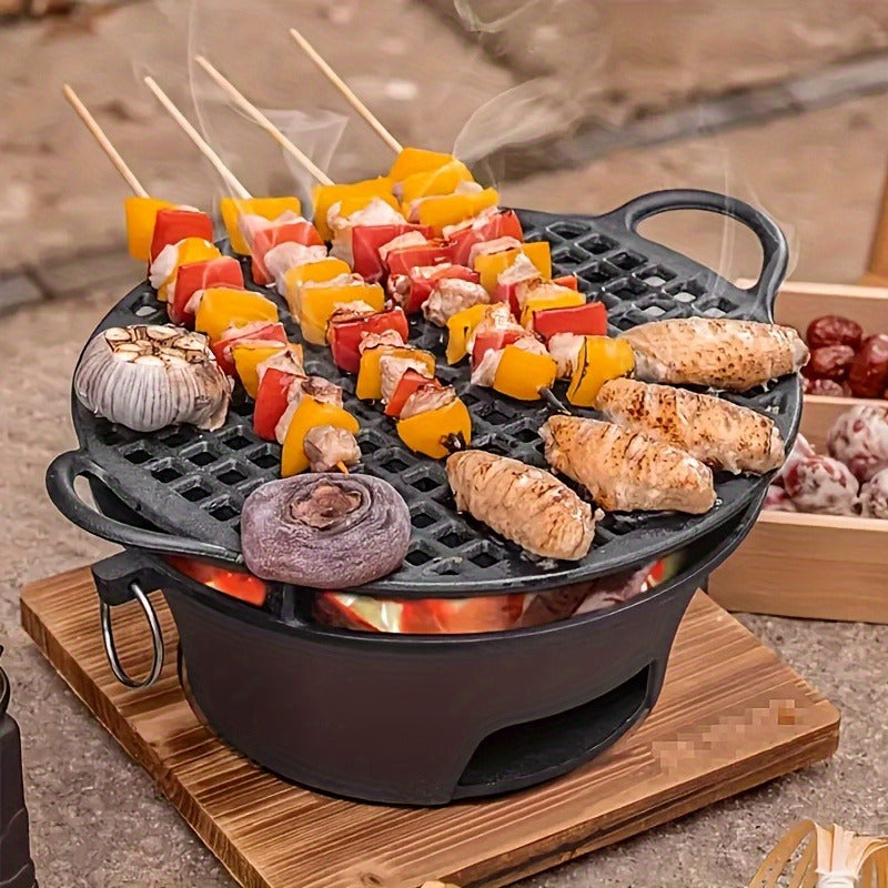 10.6-Inch Round Charcoal Grill Set with Cast-Iron Body, Cooking Grid, Wooden Base and Tongs
