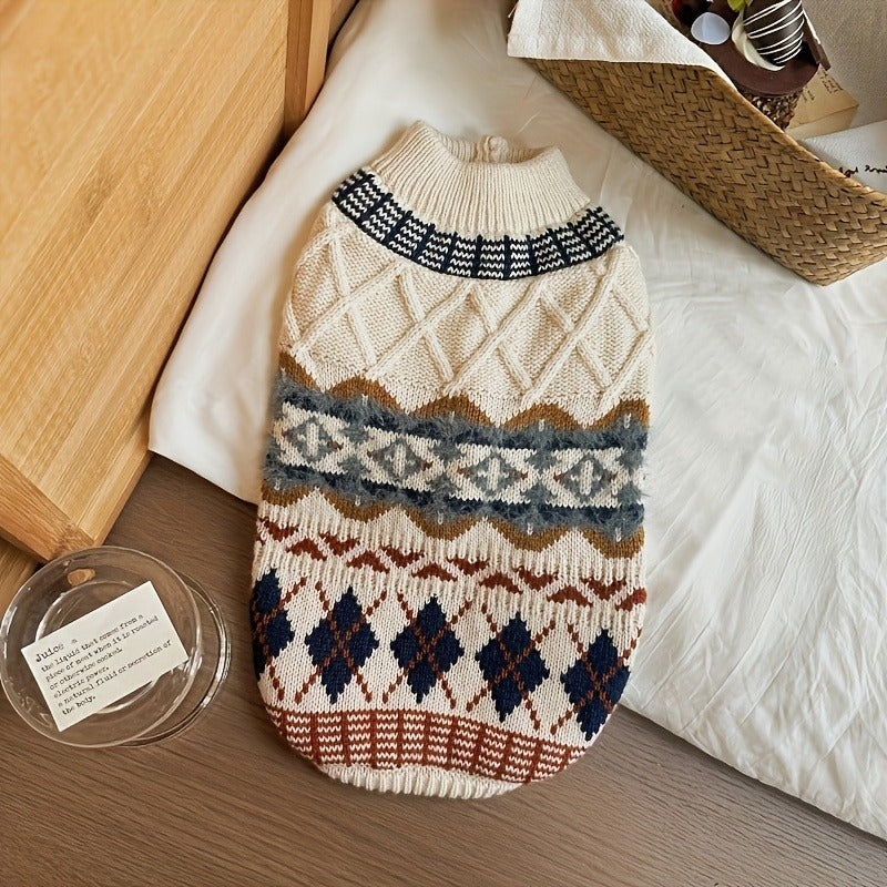 Cable-Knit Dog Turtleneck Sweater with Fair Isle Pattern, Beige or Blue and Five XS–XL Sizes