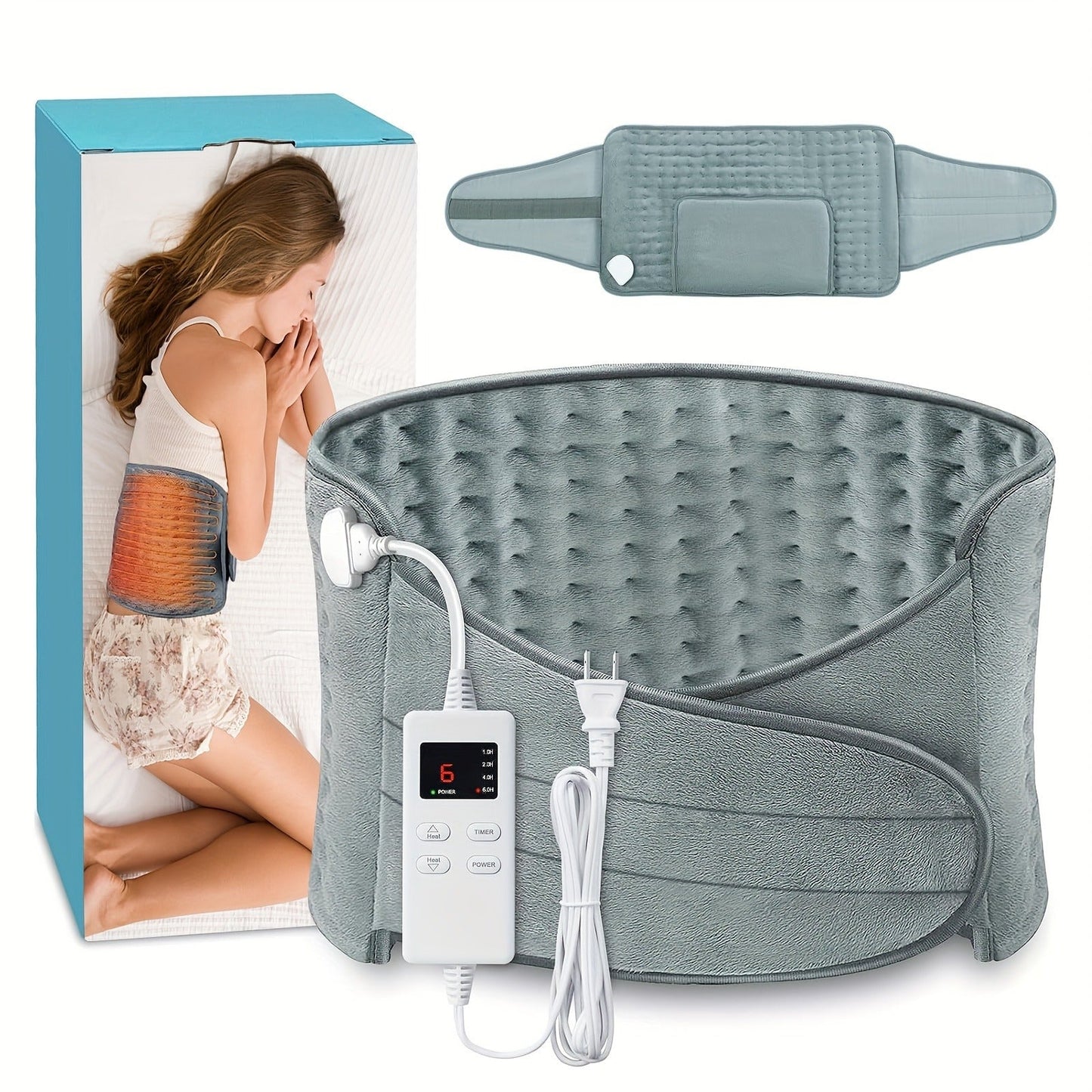 Wraparound Electric Heating Belt with Six Heat Levels, 1–6 Hour Timer and Adjustable Waist Straps in Gray or Purple