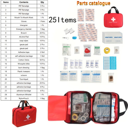 25-Item First Aid Kit with Red Handled Zipper Case, Two Mesh Sections and Labeled Supply Packets