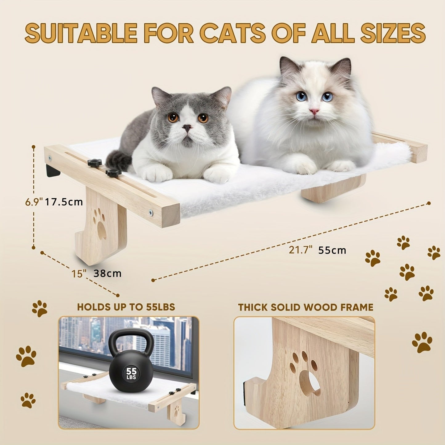 Cat Window Frame Hammock Adjustable – Durable Frame Cat Bed with Paw Print Pattern, Easy Install Window Sill Bedside Cabinet Perch