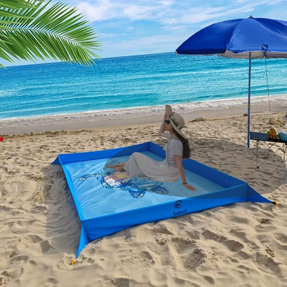 Sand-Wall Beach Mat with Four Stakes and Carry Bag, 140 x 220cm in Six Printed Styles for Outdoor Picnics
