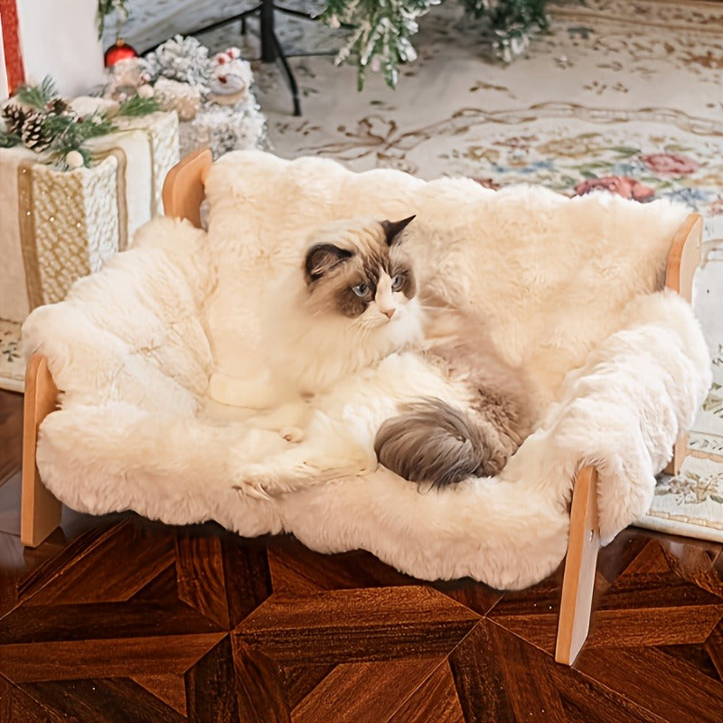 Raised Solid Wood Pet Couch Bed Elevated Modern Cat & Dog Sofa Chair 27x18x12 Inch – Thick Wide Wood Frame Space-Saving Cozy Pet Furniture