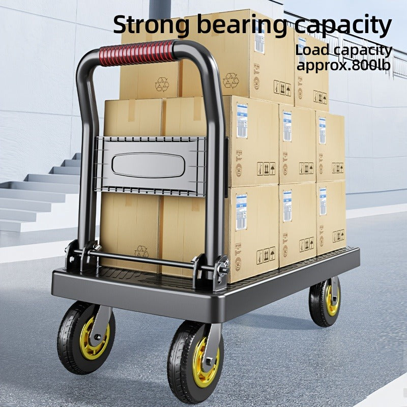 Four-Wheel Platform Dolly Cart with Folding Handle, Two Platform Sizes and 660 or 800 lb Load Labels