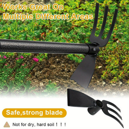 60-Inch Garden Hand Tool with Double-Ended Flat Hoe, Three-Prong Cultivator and Sectional Handle