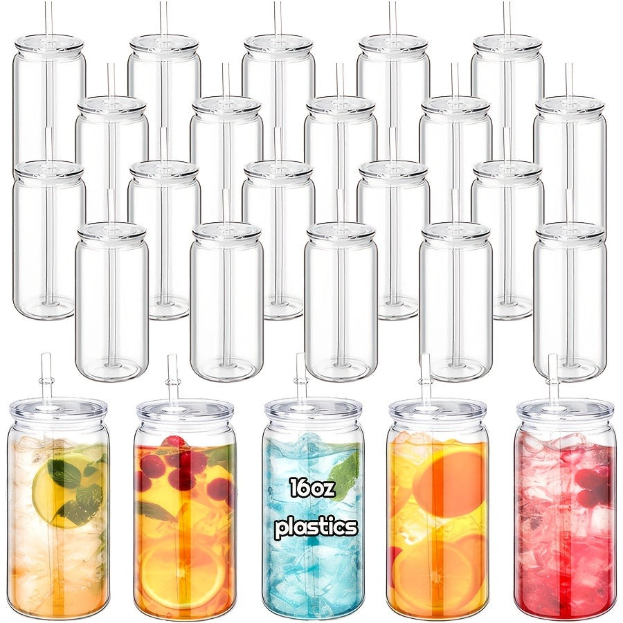 16oz Plastic Cups with Lids and Straws Bulk 25pcs Set Clear Flat Bottom Tumbler Single or Double Wall for Iced Coffee Boba Water Juice Party