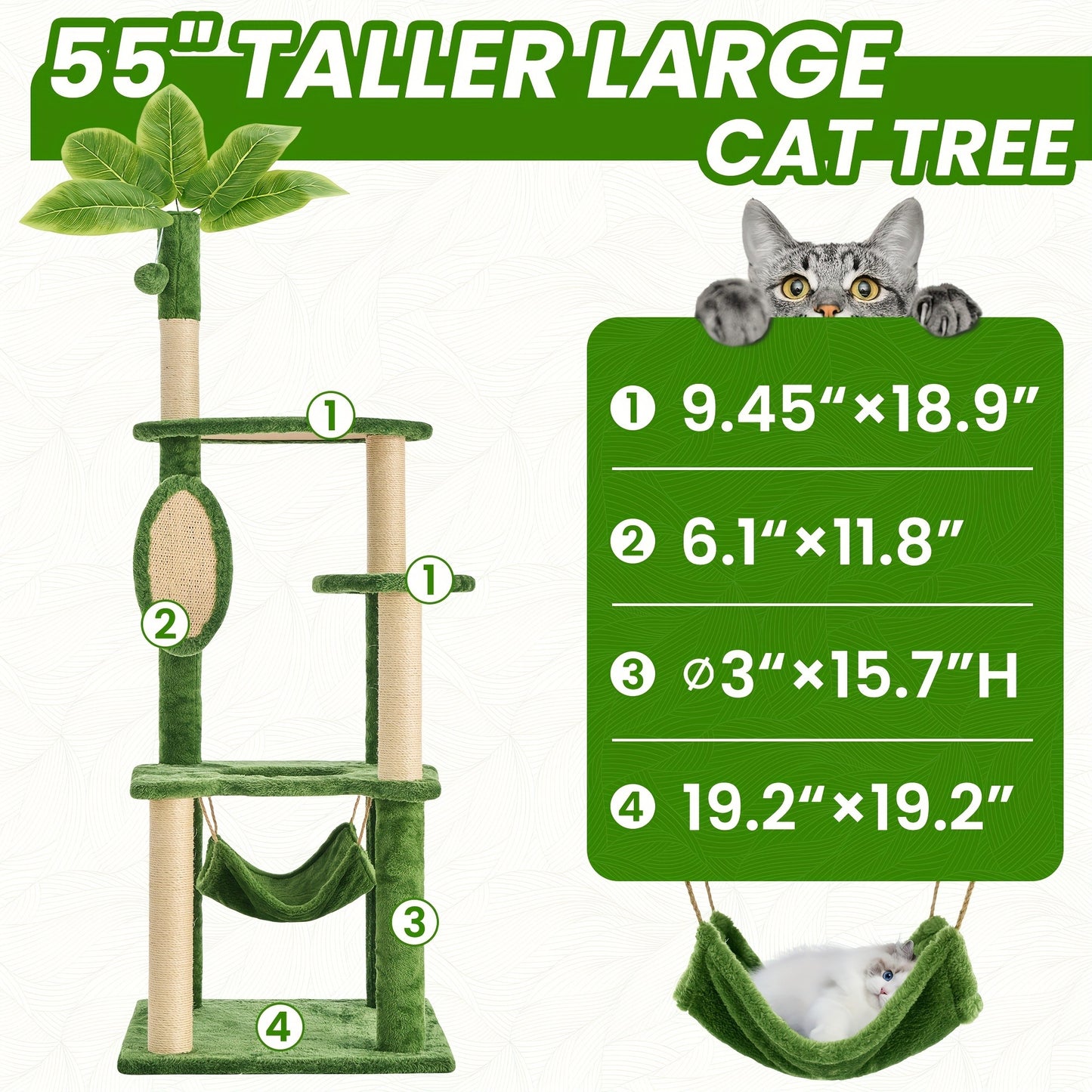 Cat Tree 55" Large Multi-Level Cat Tower for Indoor Cats with Green Leaves, Hammock, Sisal Scratching Posts & Hanging Ball Toy