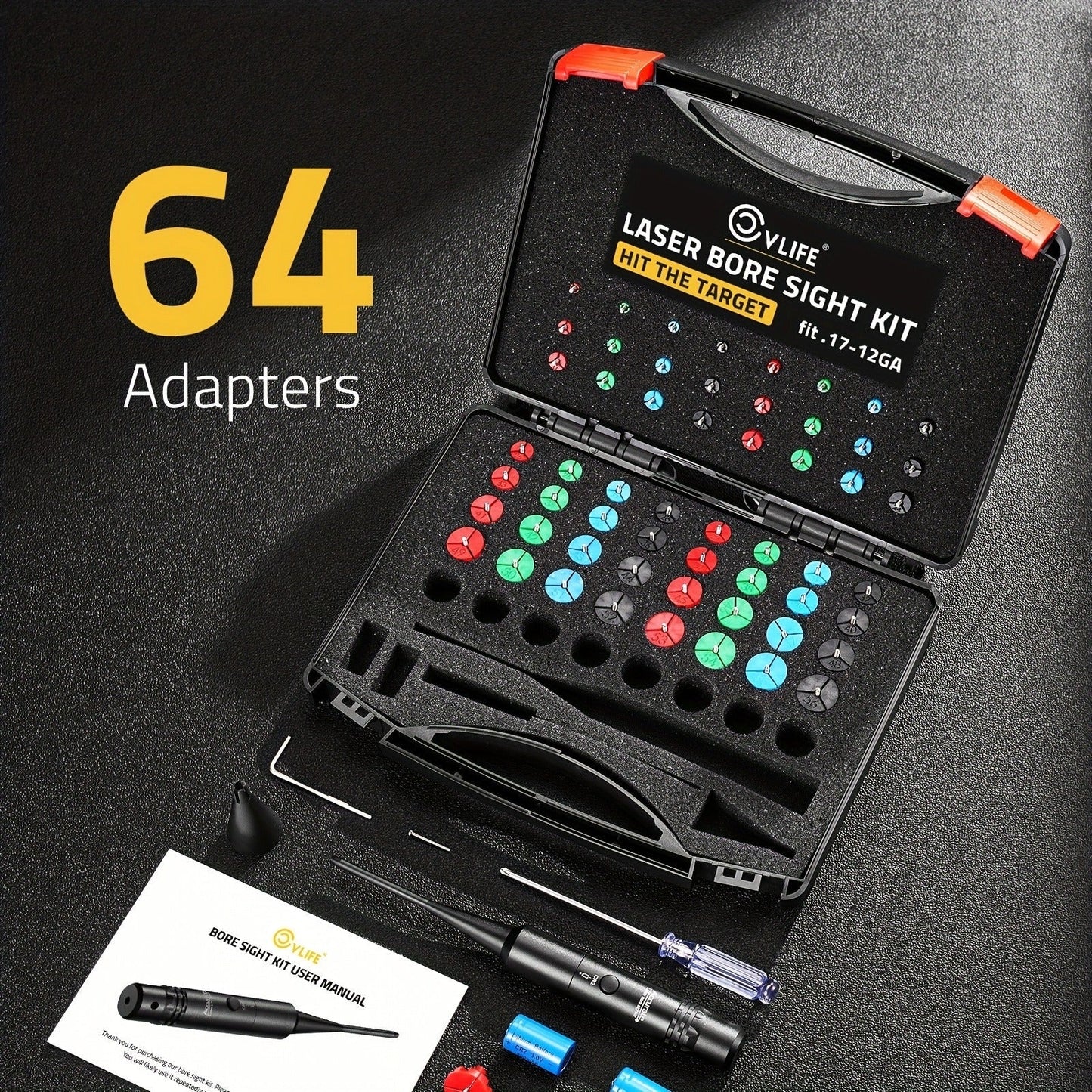 Red Laser Bore Sight Kit with 64 Adapters | Professional Multi-Caliber Boresighter for .17 to 12GA Rifles, Pistols & Handguns