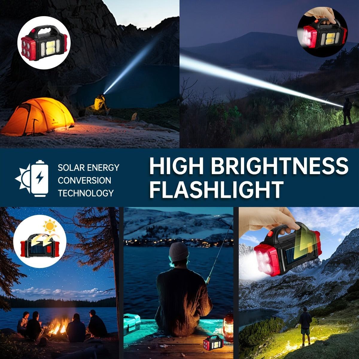 Solar Camping Lantern and Flashlight with COB Side Panels, Front Spotlights, Carry Handle and USB Port