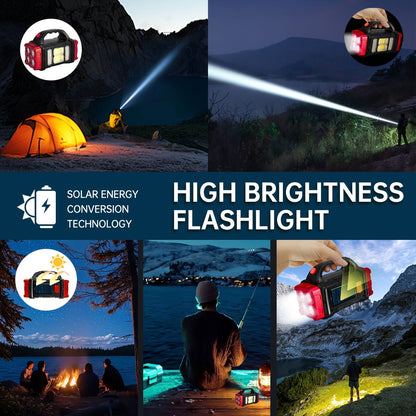 Solar Camping Lantern and Flashlight with COB Side Panels, Front Spotlights, Carry Handle and USB Port