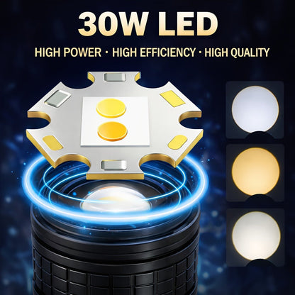 Flashlight Rechargeable Zoom Torch with Five Gallery-Shown Modes, 30W LED and USB Power Output